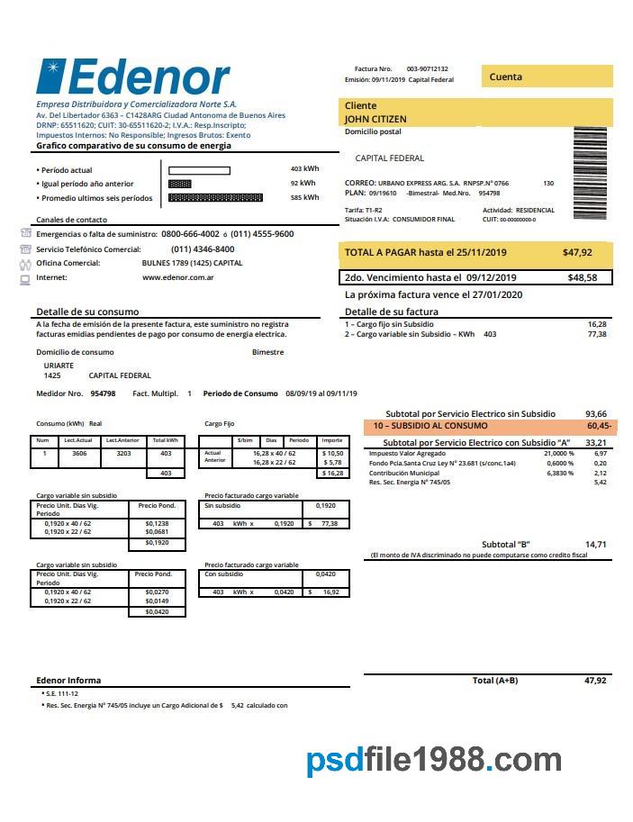 Argentina Edenor Utility Bill
